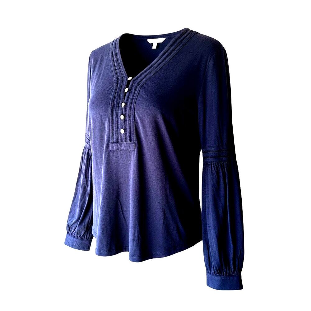 Lauren Ralph Lauren Navy Henley Blouse Medium Balloon Sleeve Pintuck Top NWT